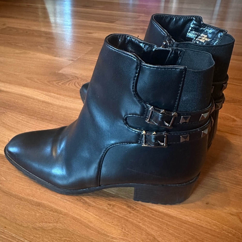 Anne Klein Black Leather Ankle Boots with Studded Straps - Picture 5 of 12